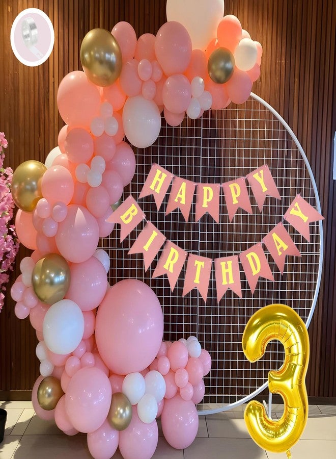 Flyloons 3rd Birthday Decoration Items Pink and White Theme Combination for Girls Princes | 30 Pcs Pink White Gold Balloons | Pink Happy Birthday Paper Banner | Arch Tape - Image 1